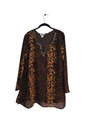 Hot Leopard Animal Print Flowing Top Bedazzled Neckline Size 2 X